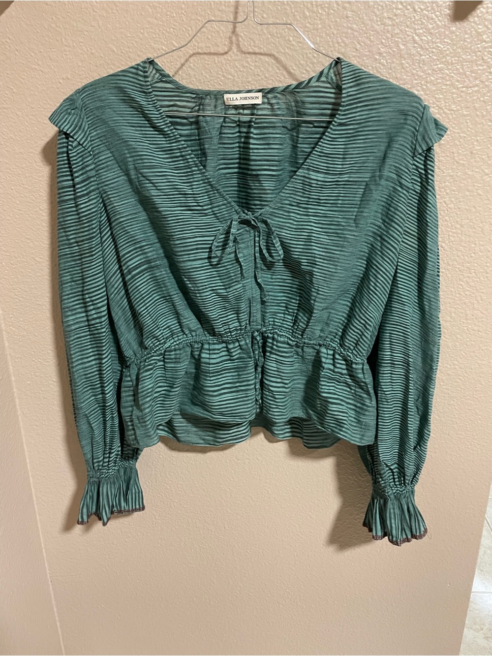 Teal Striped Peplum Tie-Front Blouse